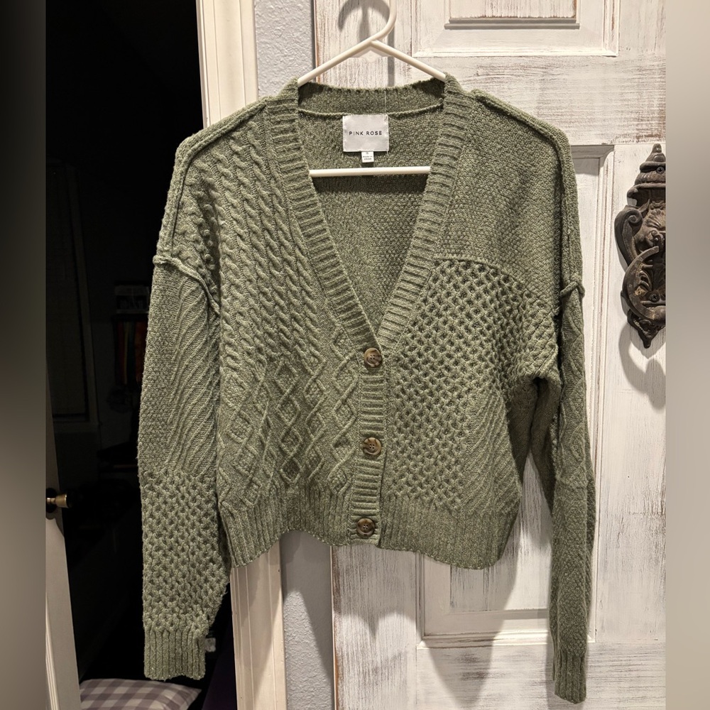 Green v-neck three button sweater